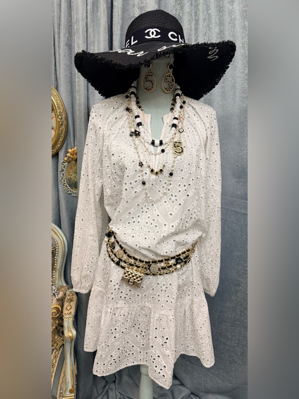White Eyelet Boho Dress with Hat and Jewelry